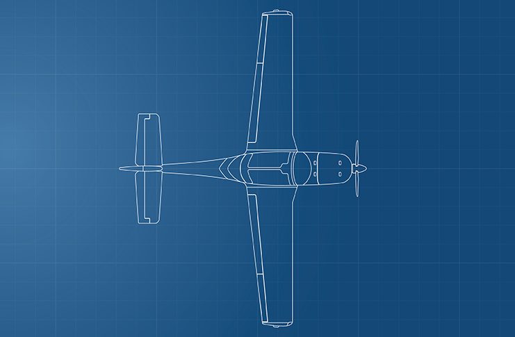 Fracture, fix and fly The outline of an aeroplane seen from above on a dark blue background