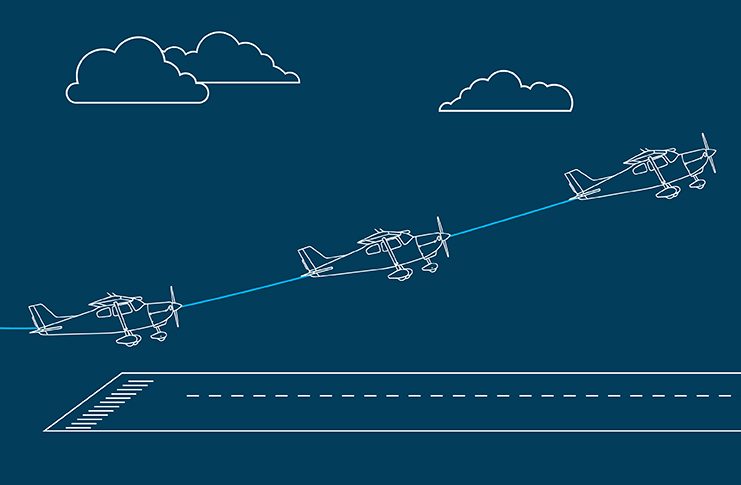 Illustration of an aeroplane conducting a go-around at an airport