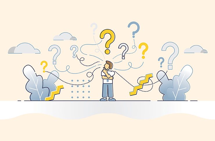 Who do I tell? A man with a bunch of question marks coming out of his head