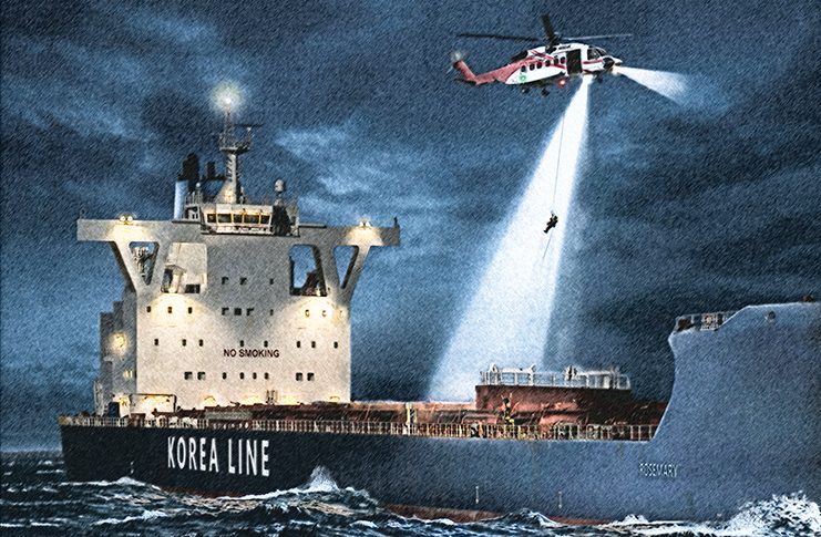 A night to remember A helicopter hovers above a ship at night, as a light beams down and someone descends on a rope
