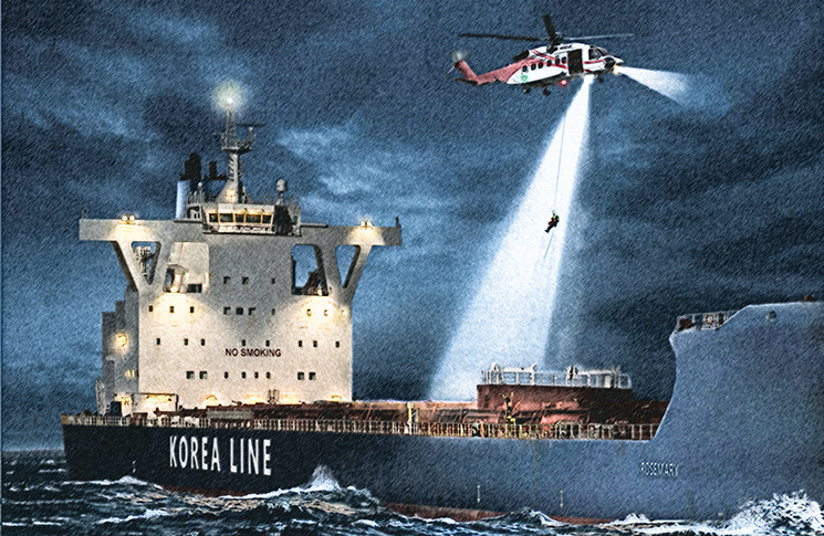a-night-to-remember-1 A helicopter hovers above a ship at night, as a light beams down and someone descends on a rope
