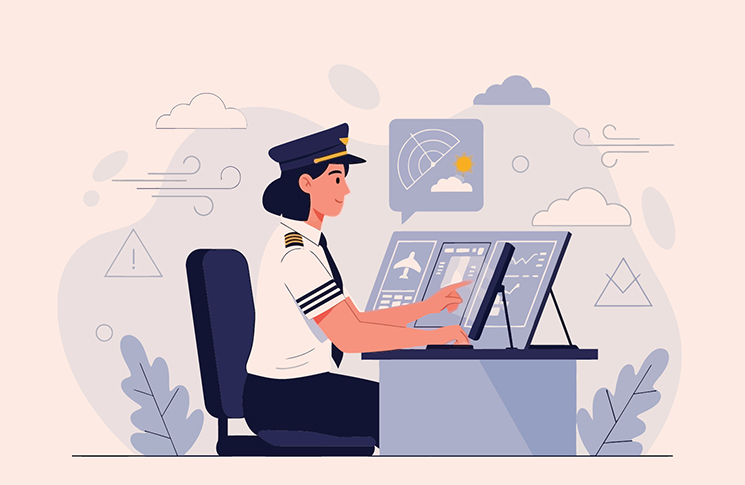 A female pilot sitting at a desk
