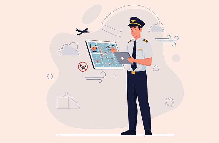 A male pilot looking at his tablet and making plans
