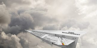 Practise what you preach A paper aeroplane made from a risk management form flies through a cloudy sky